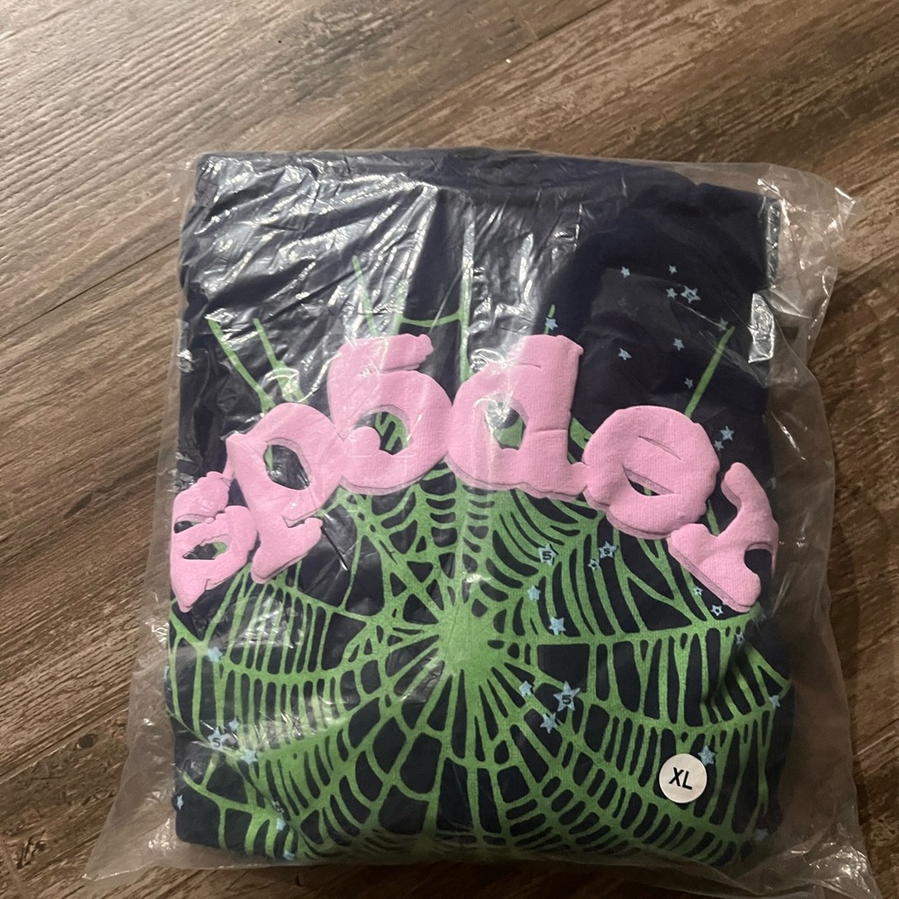 Navy Hoodie with Pink and Green Design